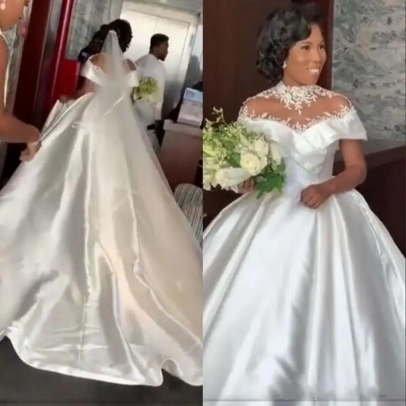 

Размера плюс свадебное платье es 2021 из прозрачной ткани крышки с сатиновой кружевной аппликацией, темно-синего цвета, скромные свадебное пла...