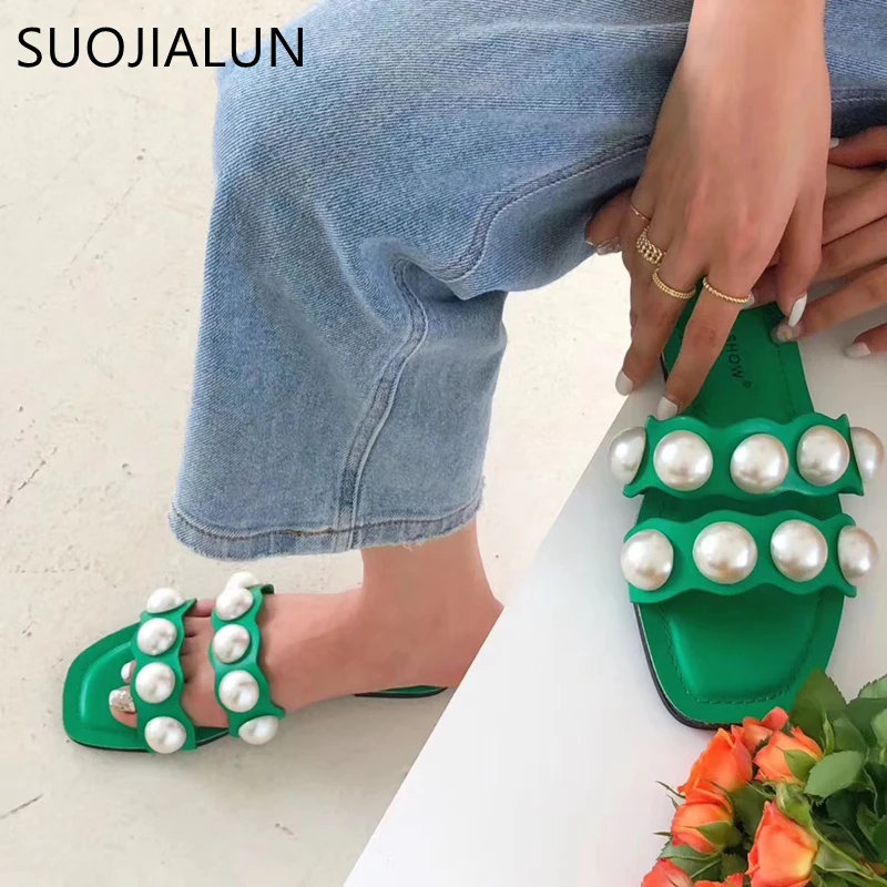 SUOJIALUN тапочки на плоской подошве женские модные брендовые шлепанцы с жемчужинами