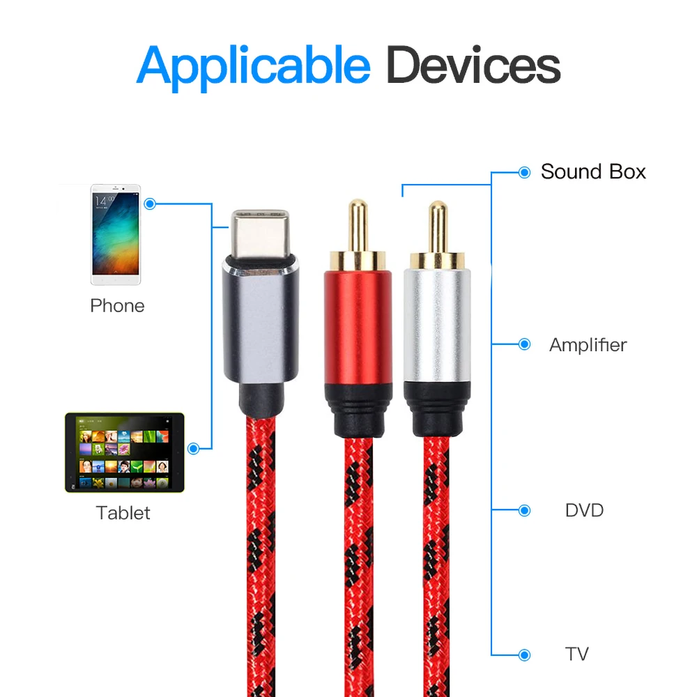 Аудиокабель kebidu USB Type C RCA кабель Type-C на 2 Jack для iPhone Sumsung Xiaomi колонок домашнего