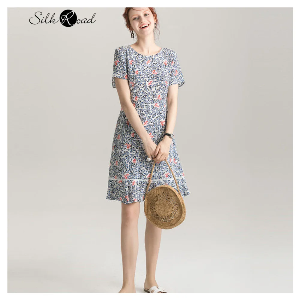 Silviye Simple floral authentic silk dress women's silk waist round neck short sleeve medium length dress new summer party