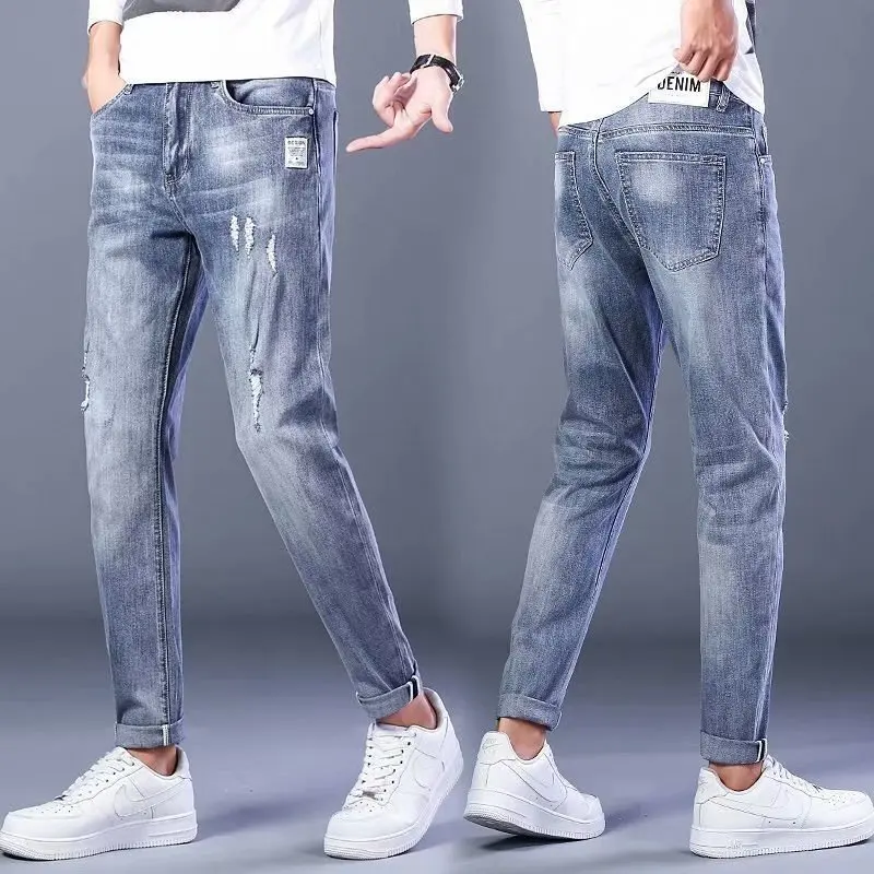

Fashion 2021 Light luxury high-end black jeans men's trendy brand printing retro trend casual pants Slim feet pencil jeans