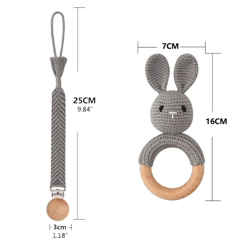 

1Set Baby Teether Safe Wooden Toys Crochet Bunny Ear Rattle Soother Teether Pacifier Chain Clips Set Shower Gift Baby Stuff