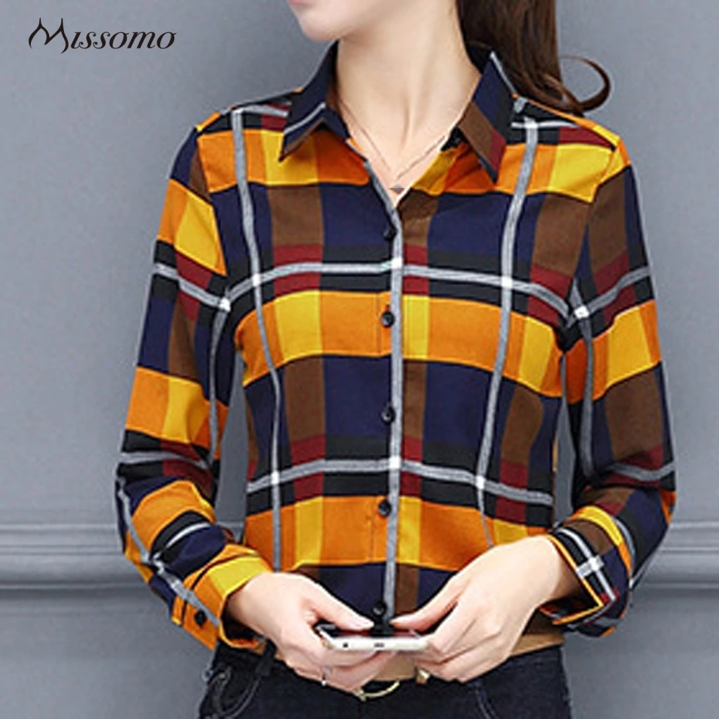 MISSOMO Women tops Business Shirt Lattice Print Long Sleeve Button Turn Down Collar Office Lapel Plus Size Blusas Feminina | Женская