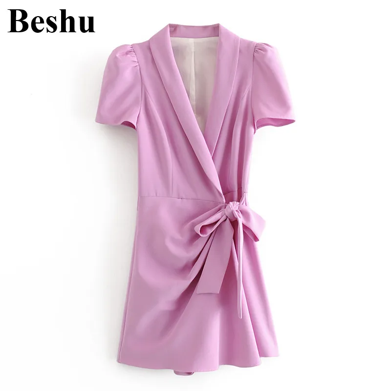 

za 2020 fashion playsuit women pink big lapel shrink waist casual bow wrap sashes blazer-playsuit female puff short sleeve mujer