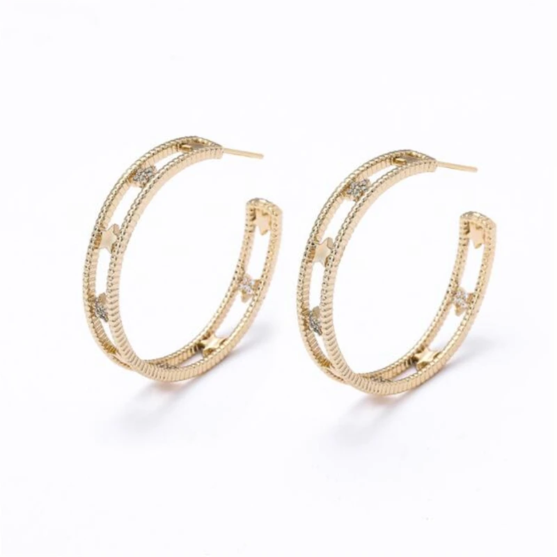 

new retro gold color plated copper CZ crystal hollow star earrings for women C shape hoop earrings piercings jewelry statement