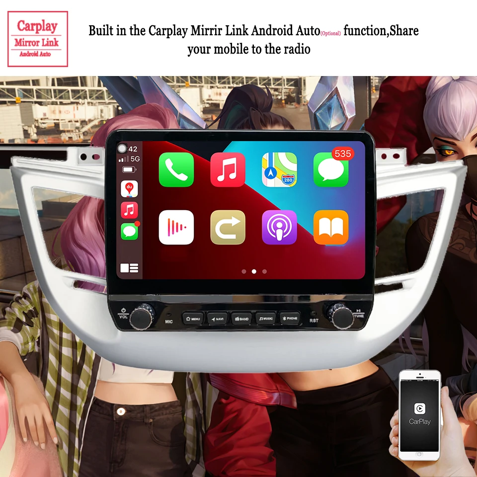 Фото Автомобильный радиоприемник Carplay для Hyundai TUCSON IX35 2015 2016 2017 Android 14 навигация GPS мультимедийный плеер 2 din DVD головное устройство №4