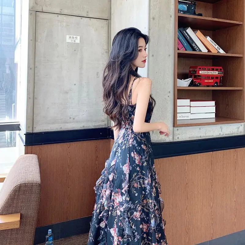 

Summer new French niche floral suspender chiffon dress for women
