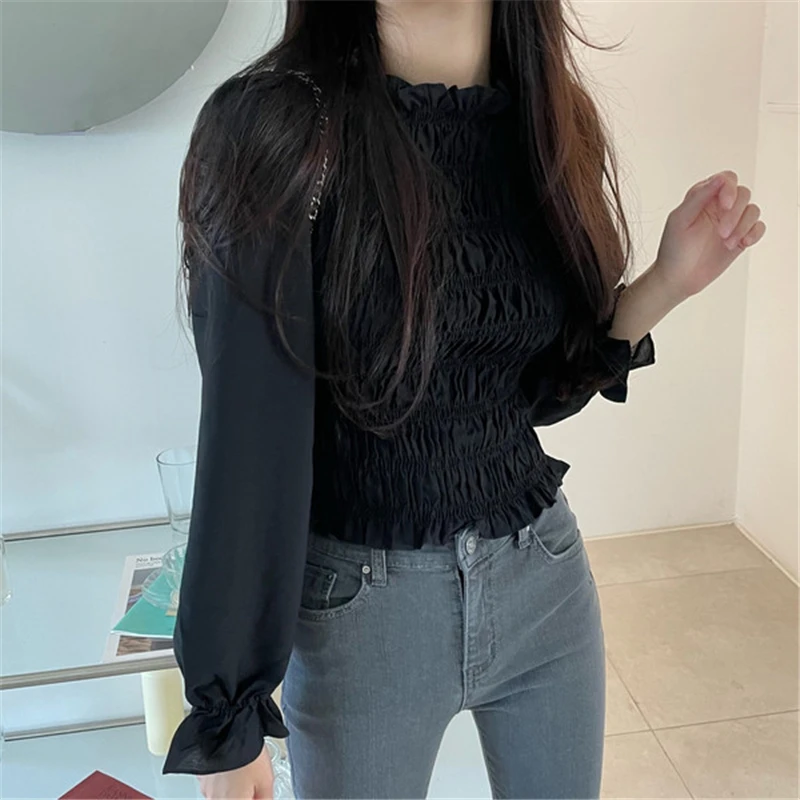 

KUSAHIKI Stretch Slim Korean Women Tops and Blouses Flare Sleeve Stand Neck Shirt Spring New Perspective Blusas Mujer 2021 6G652