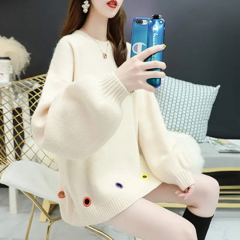 

2021Autumn Women's Sweater Fashion Korean O Neck Long Sleeve Knitted Pullover Casual Loose Cute Thick Sweater Women