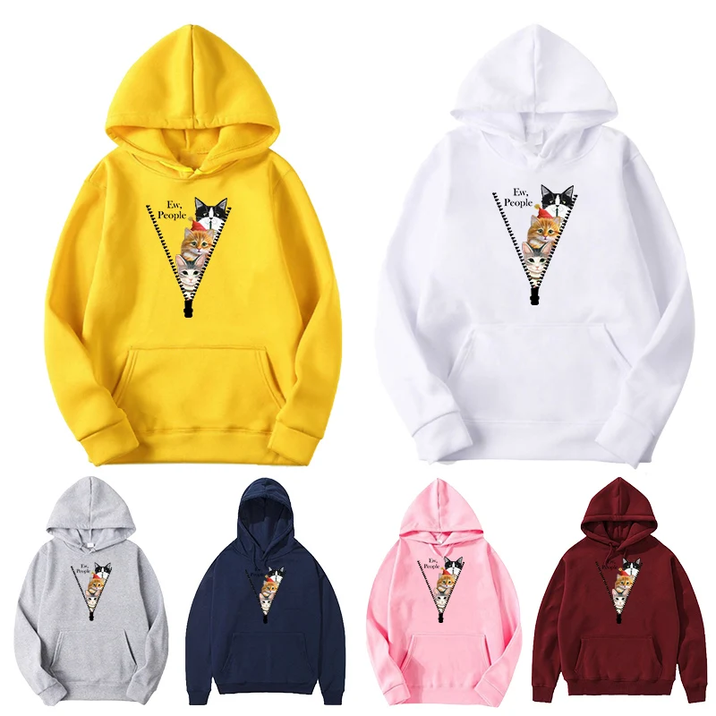 

Harajuku Woman Sweatshirts Zipper Cat Pattern Loose Plus Size Long Sleeve Pocket Hoody Tops Street Wear European Fashion Hoodie