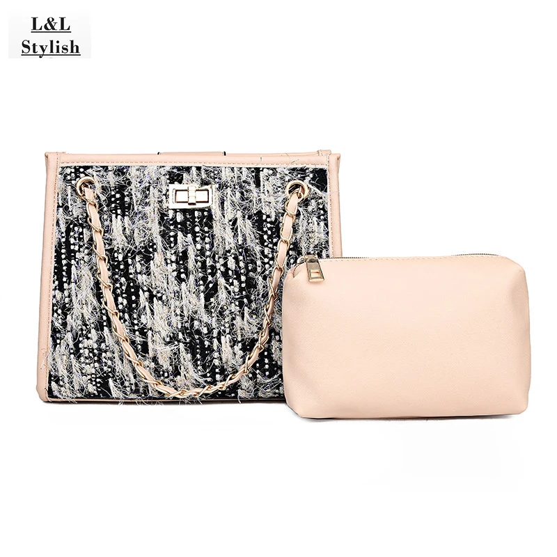 

Новый качественный Шерстяной Чехол L & L, сумка на плечо для женщин, украшенная цепочками, маленькая мягкая сумка-мессенджер для женщин, сумка...