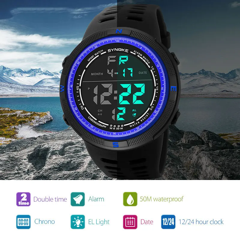 

SYNOKE Men Watches Sports Double Time Watch Alarm Chrono Digital Big Wristwatches Man Clock 50M Waterproof Relogio Masculino New