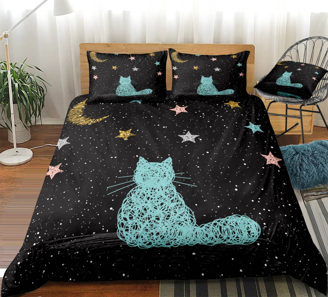 Galaxy Cat пододеяльник набор королева мультфильм Постельное белье животных Постельное белье 3 шт. постельное белье со звездами для детей Прямая поставка пространство