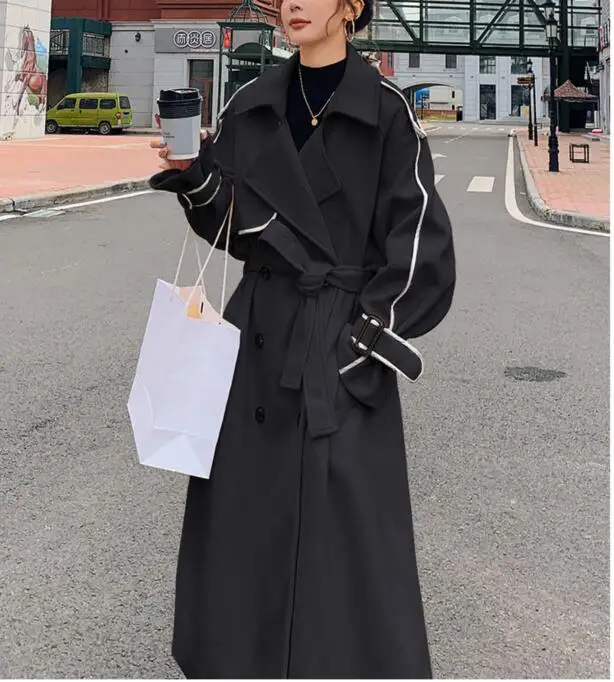 

Fashion Wool Coat Women Long Sleeve Collar Outwear Jacket belt wool Casual Autumn Winter Elegant Overcoat plus size a9p58