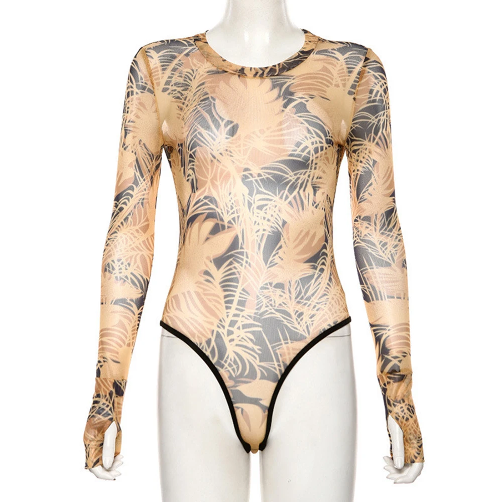 Новинка 2020 длинный рукав сетка прозрачный принт облегающий сексуальный костюм