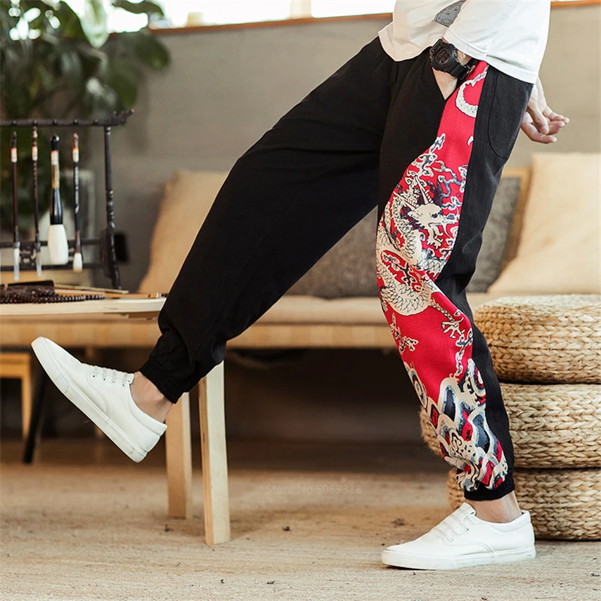 Мужские брюки в японском стиле Харадзюку Модные Винтажные султанки с драконом