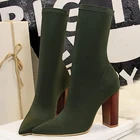 Женские эластичные ботинки-носки, ботильоны на высоком блочном каблуке 2022 см, Фетиш зеленые осенние боевые ботинки, атласная шелковая обувь на массивном каблуке для стриптиза, 9,5
