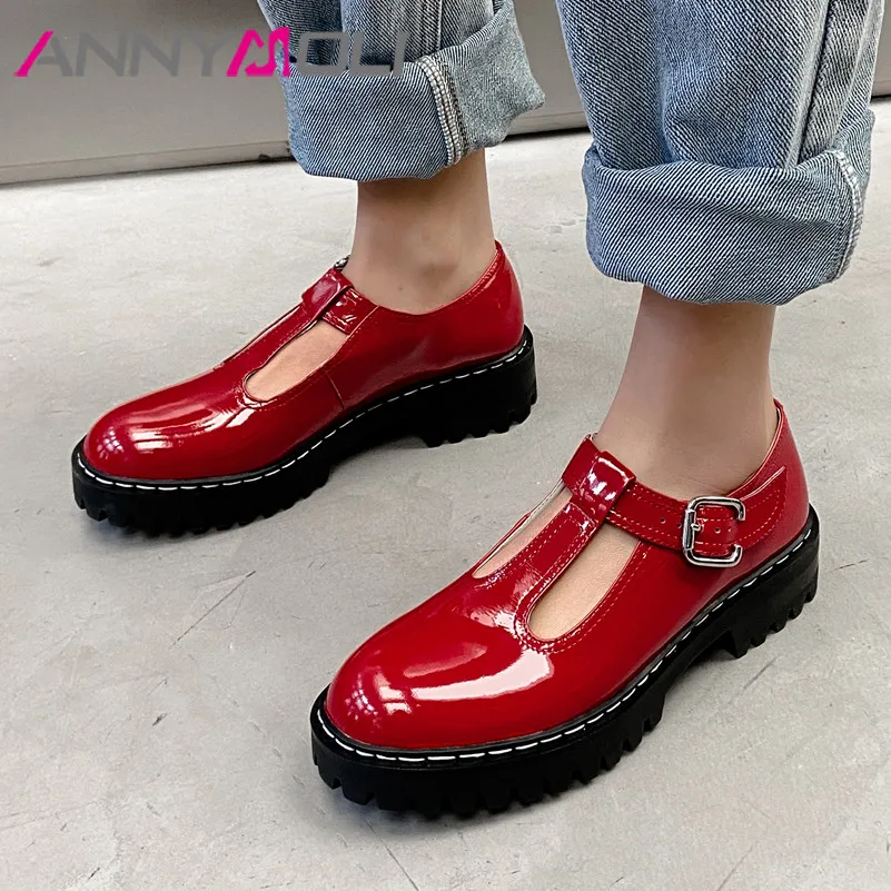 

ANNYMOLI Genuine Leather Mid Heels Platform Block Heel Pumps T-Strap Woman Shoes Buckle Strap Round Toe Ladies Footwear Red 40