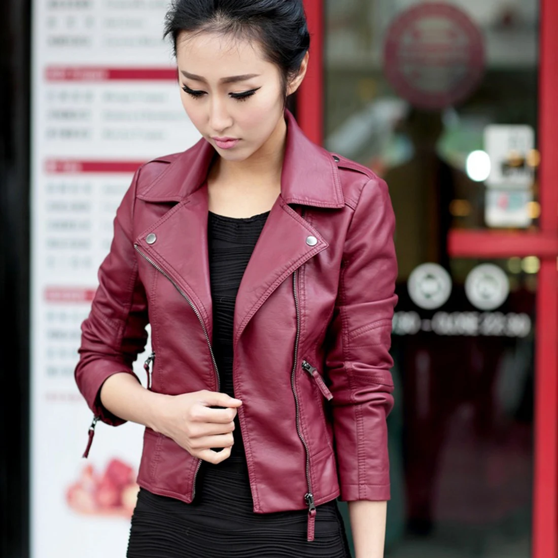 

Stylish Vintage Womens Slim Motorcycle Leather Soft Leather Zipper Jacket Coat