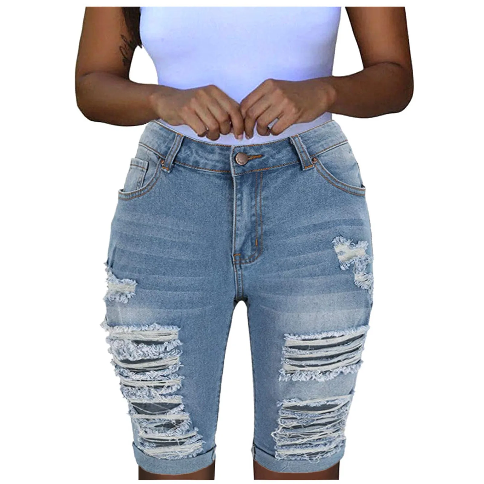 

OIMG Jeans Shorts Women 2021 Fashion Summer Skinny Women Pocket Solid Jeans Denim Pants Female Hole Bottom Casual Shorts