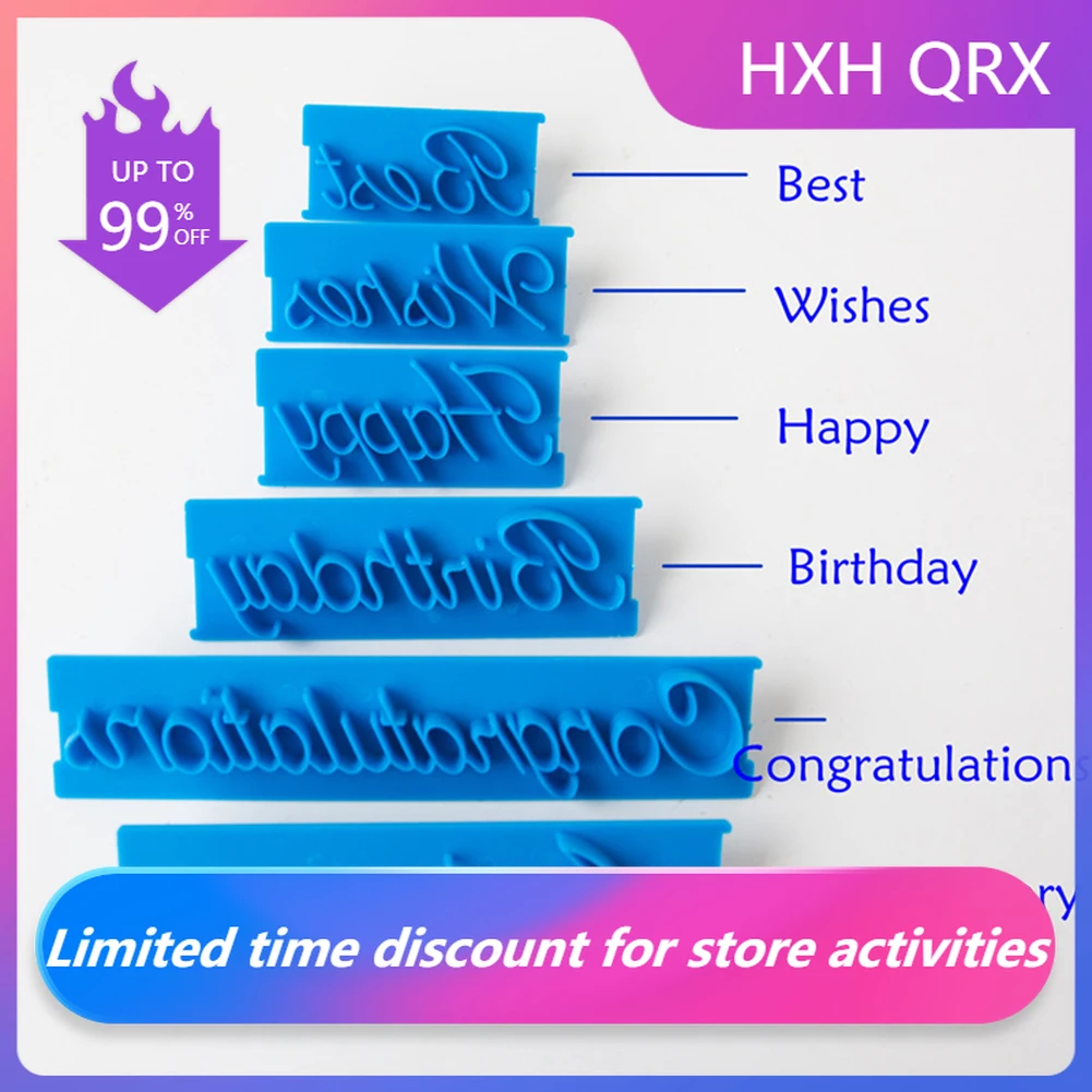 

6 pcs/set Handwriting Fondant Cake Embosser Printing Letters Mold Happy Birthday Best Wishes Anniversary cookie cutter mold