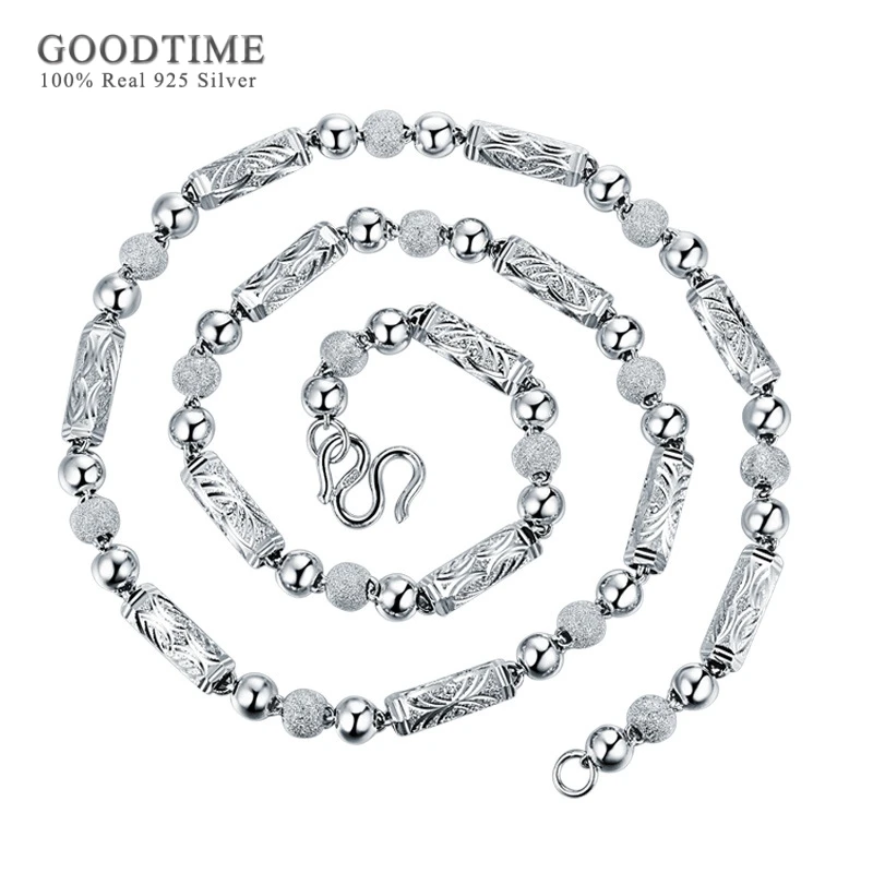 

Luxury Pure 925 Sterling Silver Chain For Men Jewelry Genuine Bead Hexagonal Tube Frosted Rough Necklace For Boys Male