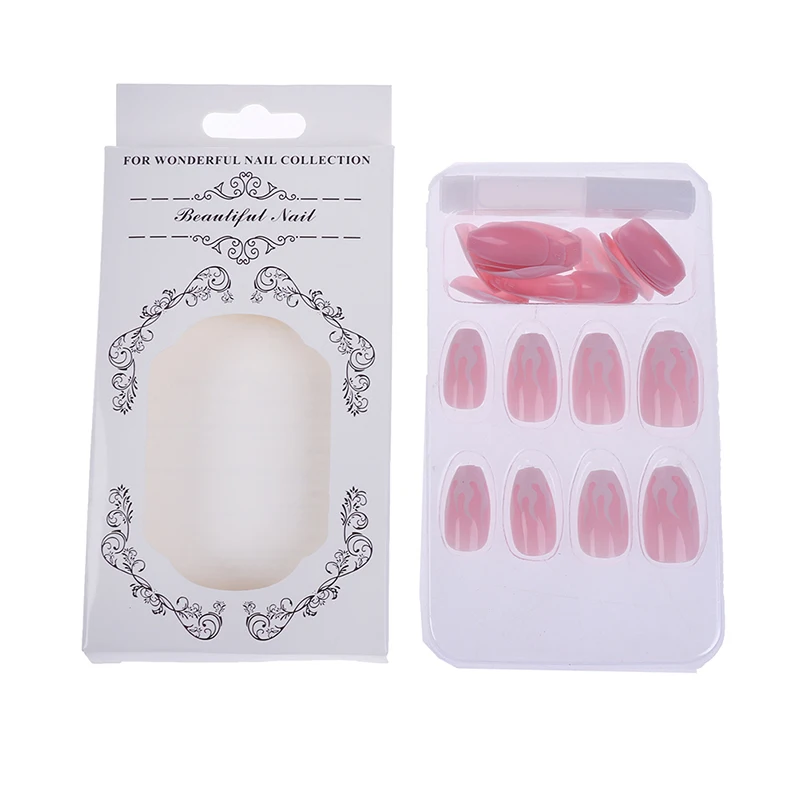 

24 Stks/set Vierkante Vlam Nep Nagels Ontwerp Roze Paars Fire Patroon Kunstnagels Met Lijm Dekzeil Druk Op Nagels