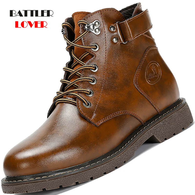 

Men Winter Warm Boots Non-slip Wear-resistant Fur Lining Tooling Riding Botas for Male Waterproof Cowhide Martin Boot Size 38-46