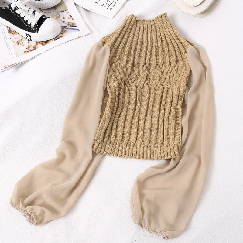 Женская облегающая блузка с воротником под горло трикотажная шифоновая рукавами