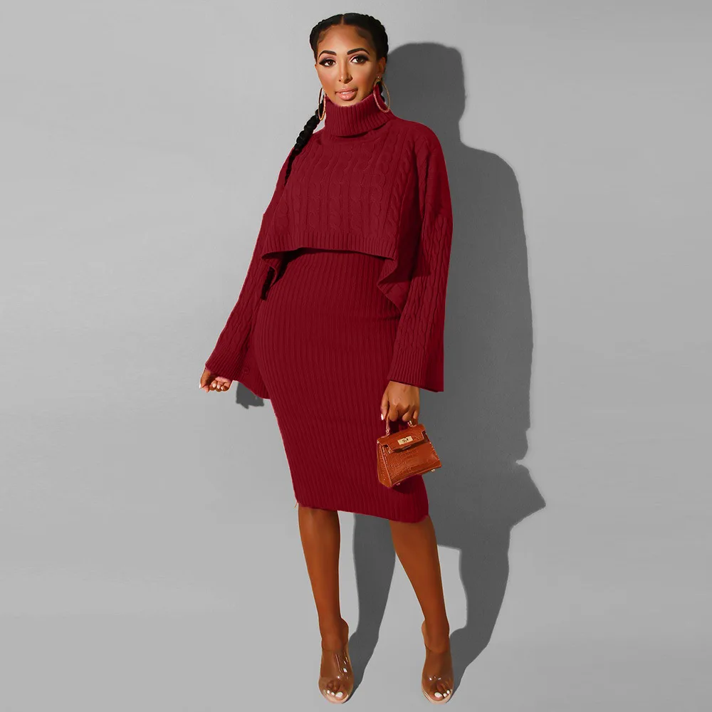 Autumn Winter Knitted Sweater Two Piece Set Turtleneck Long Sleeve Loose Crop Top+ Bandage Midi Tank Dress Plus Size Tracksuit