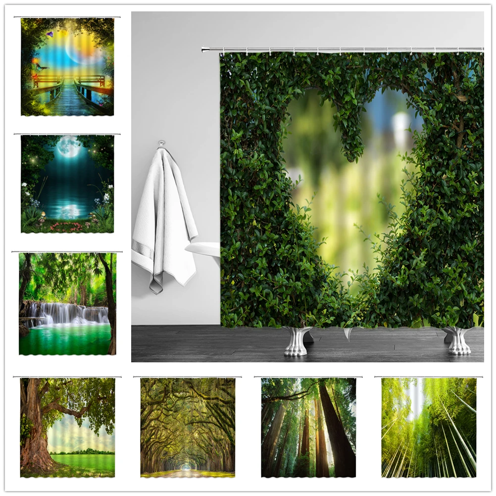 

Natural Scenery Shower Curtains Forest Waterfall Green Meadow Flower Spring Landscape Bathroom Decor Cloth Hanging Curtain Cheap