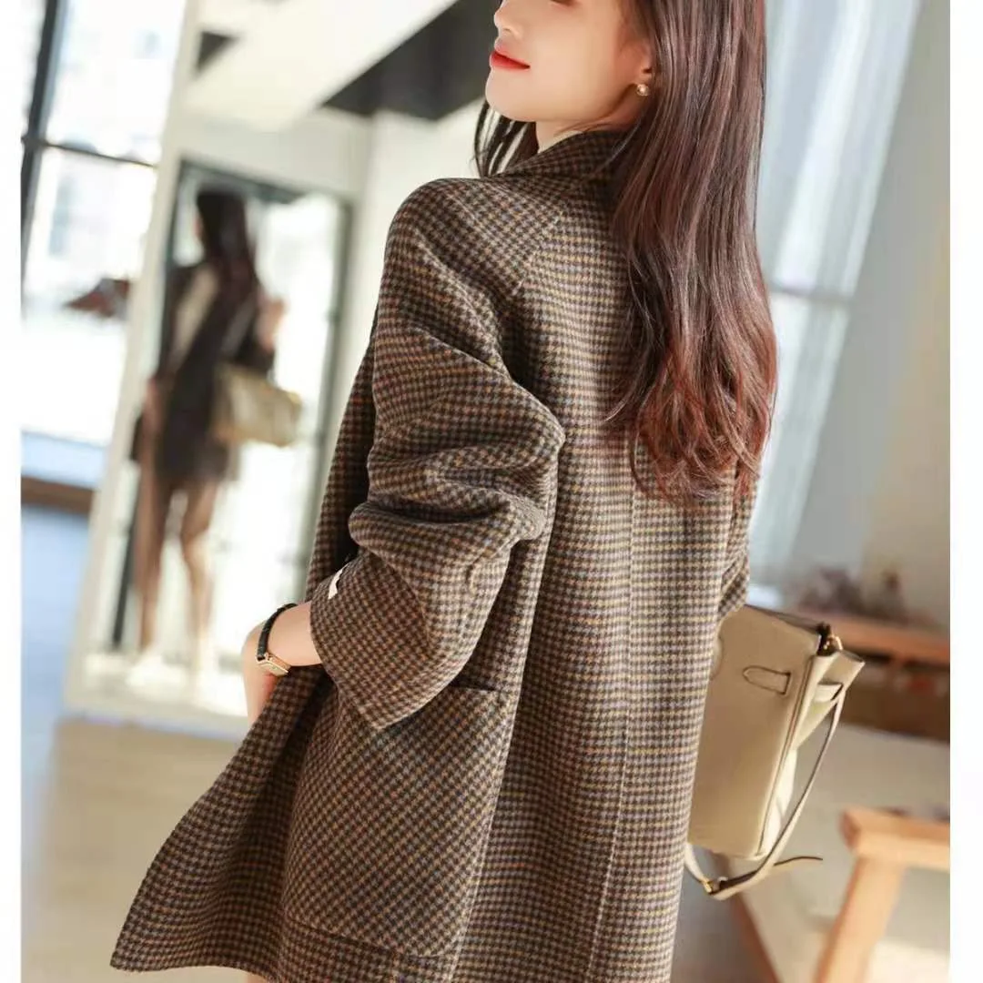 

Женское шерстяное пальто, элегантная облегающая твидовая шерстяная водолазка в клетку, Осень-зима 2021