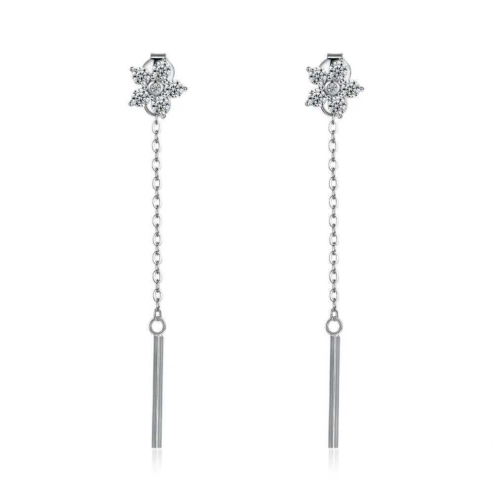 

ZEMIOR 925 Sterling Silver Tassel Stick Shape Drop Earrings For Women Shiny Zircon Flower Earring Romantic Anniversary Jewelry