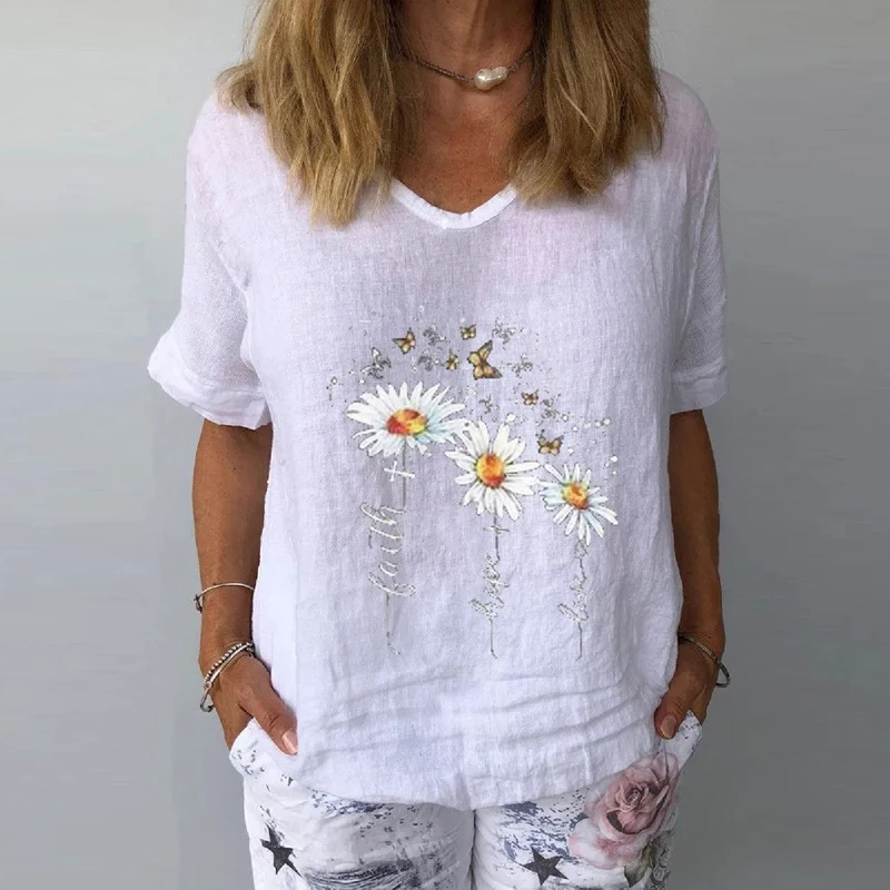 

Summer Casual Floral Print Linen Cotton Tops Women Elegant V Neck Short Sleeve Shirt Tops Street Plus Size Women's Wear