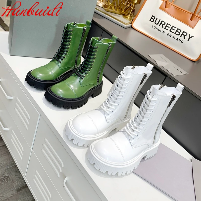 

Hot Sale Lace-up Martin Boots Autumn Winter Women Shoes Genuine Leather Platform Mid-Calf Boots Zipper Med Heels Botas De Mujer