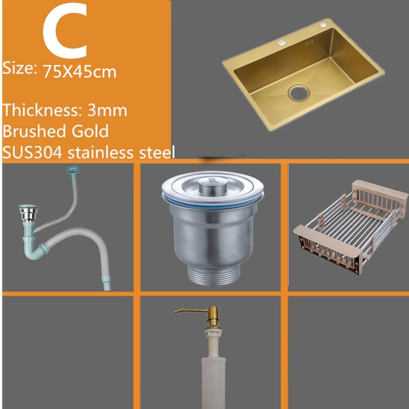 Brushed Gold Kitchen Sink Thick 4mm Single Bowl Above Counter Nano Coated Sink with Drain Basket Black Sink 304 Stainless Steel - Цвет: A 75X45cm