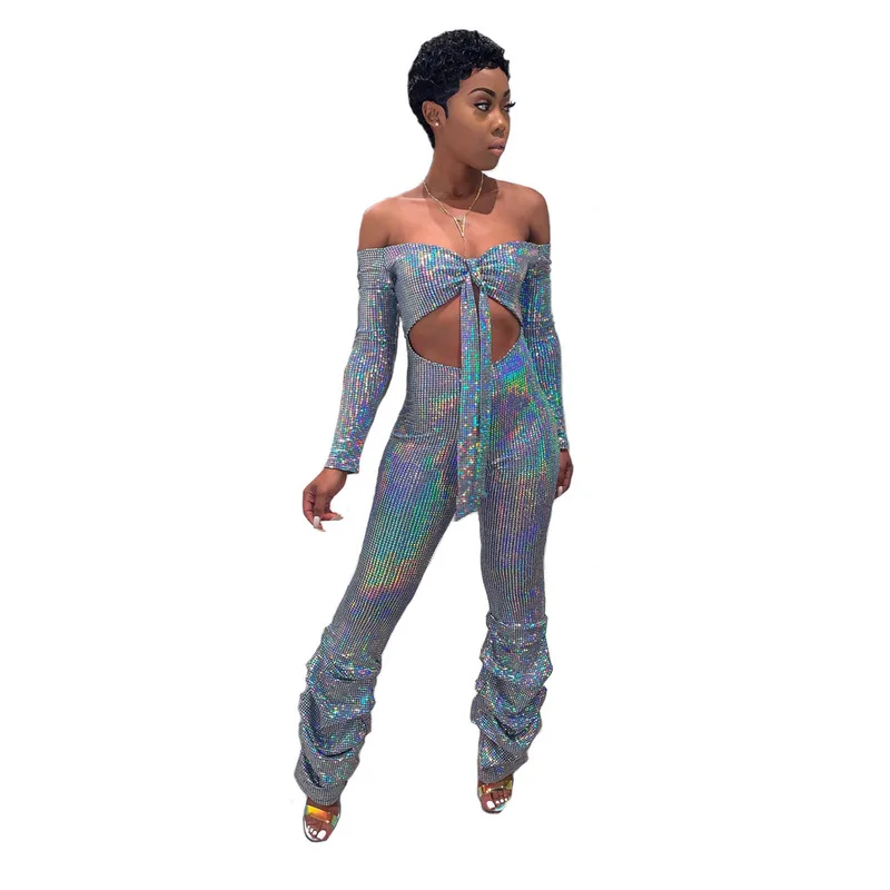 

Shiny Sequin Spliced Sexy Pleated Rompers Women Slash Neck Full Sleeve Bandage Jumpsuit Elegant Tie Up Cut Out Backless Playsuit