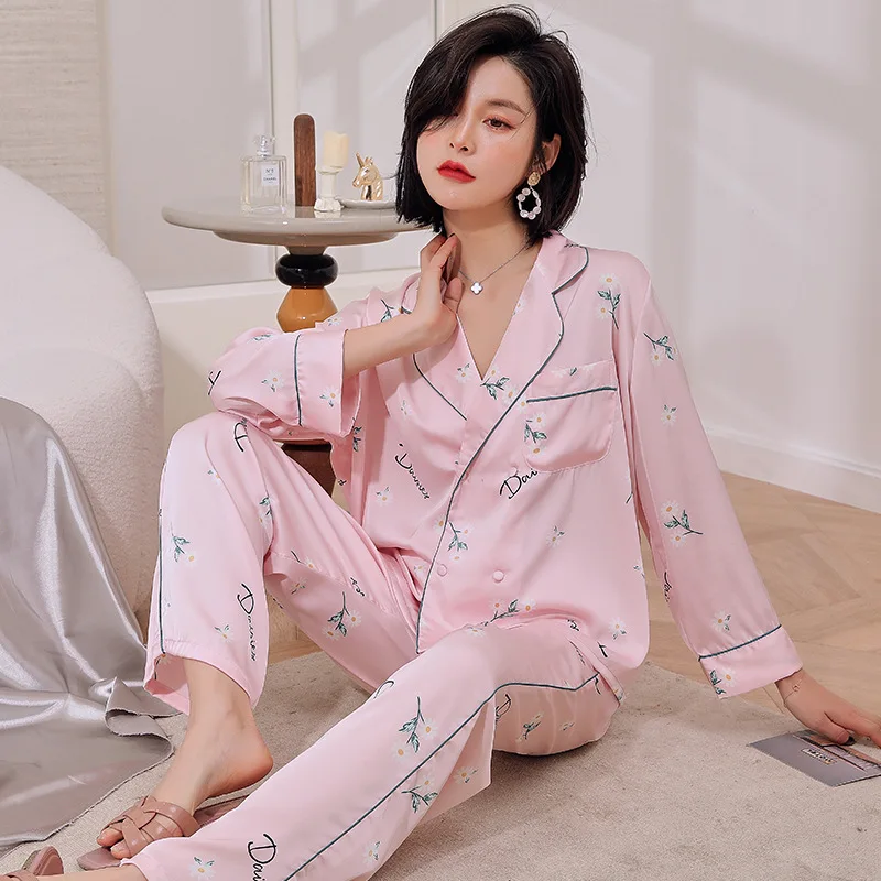 Двубортные пижамные комплекты с принтом из ледяного шелка для женщин домашняя