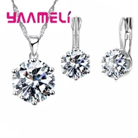 new fashion 925 sterling silver jewelry sets for women wedding collares crystal pendants necklace charms hoop earrings