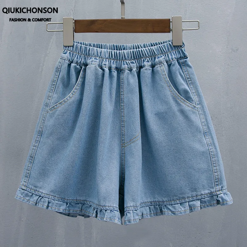 Qiukichonson-pantalones cortos de mezclilla para mujer, Shorts holgados de pierna ancha con volantes, cintura elástica, verano, 5XL