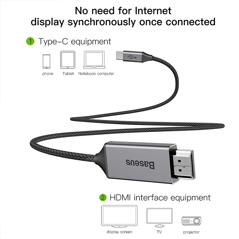Кабель Baseus USB Type-C-HDMI Thunderbolt 3 для MacBook Pro Samsung Huawei USB-C-4K HDMI с 60 Вт PD адаптером питания |