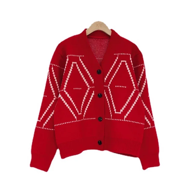 

2022 Korean fashion casual loose diamond lattice jacquard knitted sweater women spring all-match cardigan
