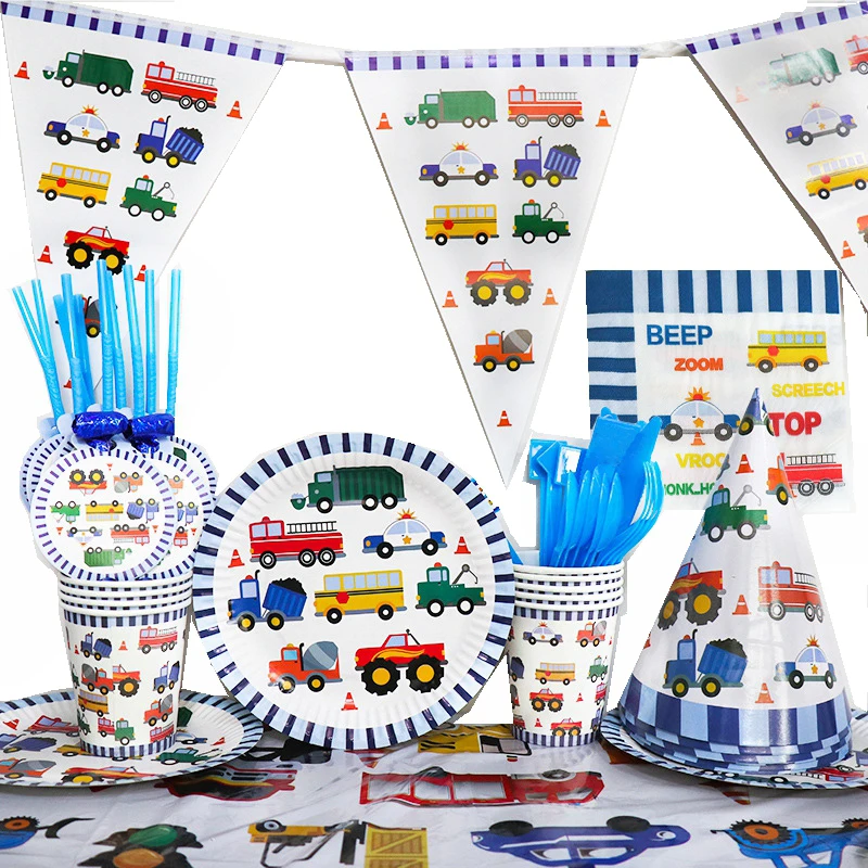 

Boy's Birthday Engineering Vehicles Police Cars Party Construction Car Napkin Fire Trucks Paper Plate Disposable Tableware Set