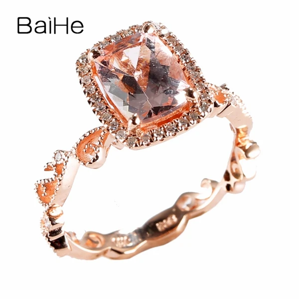 BAIHE Solid 14k розовое золото обручальное кольцо 6x8 мм Подушка 1.28ct натуральный морганит романтическая мода ювелирные изделия 0.12ct SI бриллианты