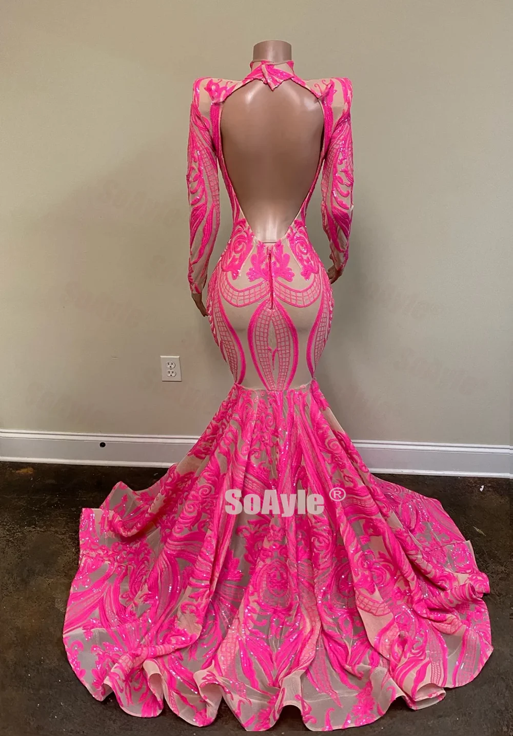 SoAyle Real Sample Long Nigeria Prom Dresses 2020 Sheer Neck Mermaid Sequin Pink African Women Prom Dress Spandex Dresses