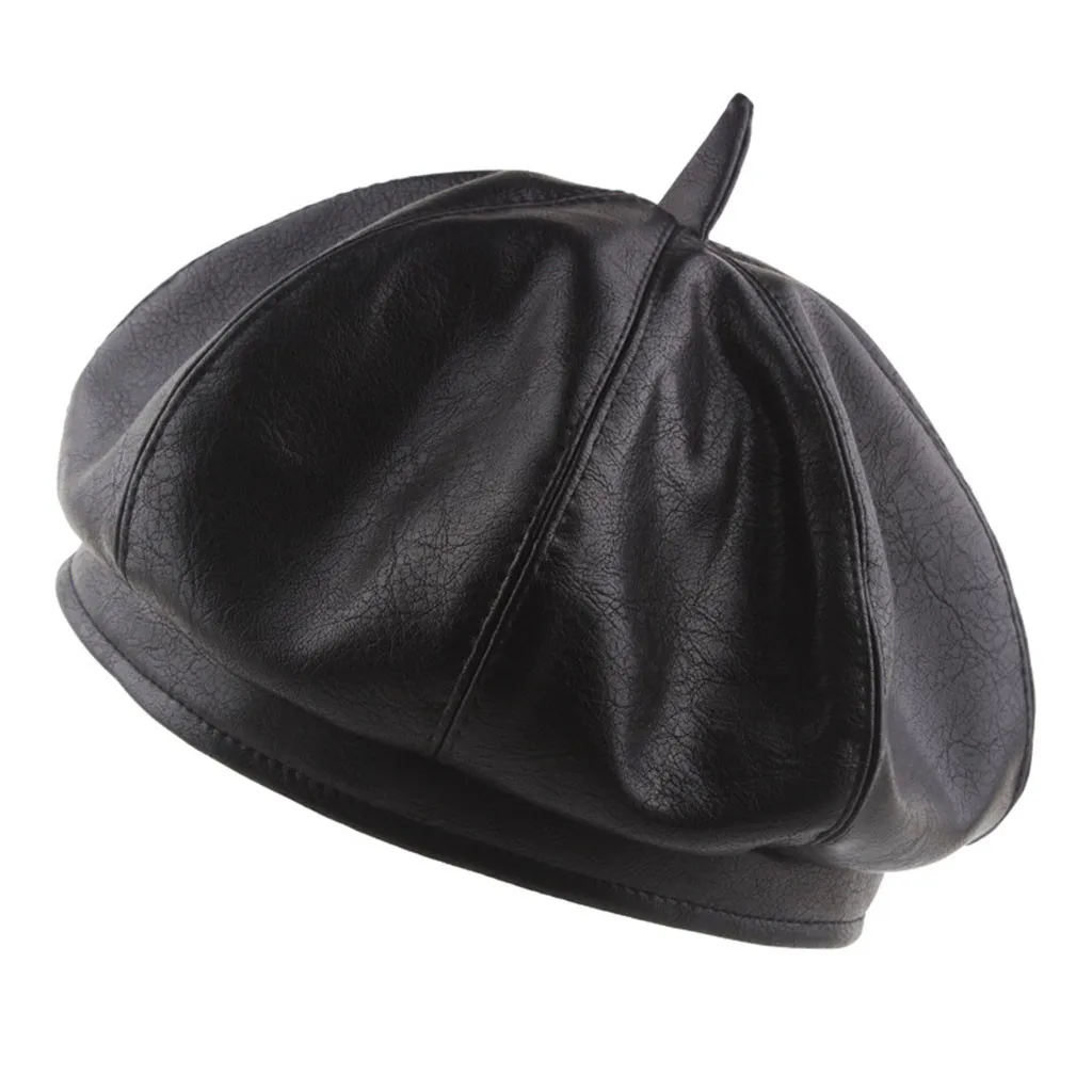 Стильный женский берет в стиле ретро темно синий из искусственной кожи теплый