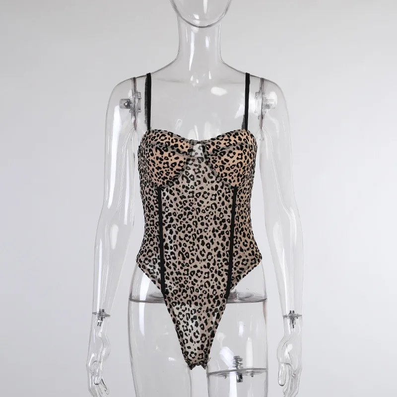 

Sexy Bodysuit Women New Leopard Print Bandage Mesh Skinny Bodysuit Black Jumpsuit Summer Overalls Femme Sleeveless Playsuit