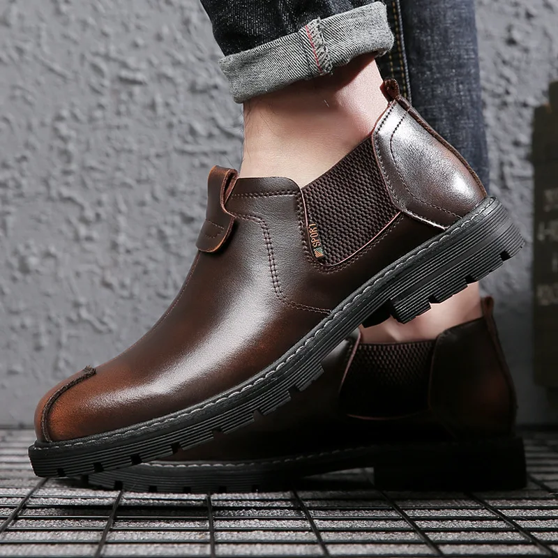 Мужские зимние кожаные ботинки на шнуровке теплые меховые ботильоны из воловьей