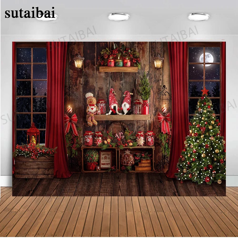 

Wooden Wall Floor Christmas Backdrop for Photo Studio Christmas Tree Gift Toy Dolls Window Moon Child Birthday Photo Background