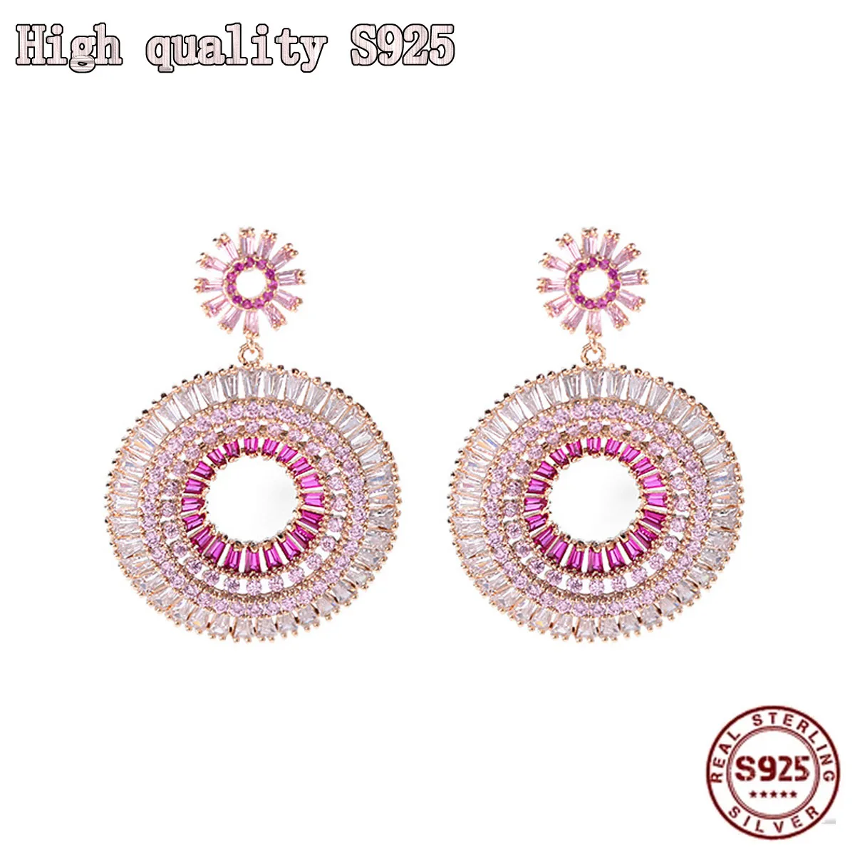 

2021 New Sweet Exaggeration S925 Silver Needle Retro Blue Heavy Industry Gradient Pink Crystal Rainbow Round Women's Earrings